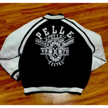Pelle Pelle Wool Varsity Jacket, Pelle Pelle, black and white wool varsity jacket, leather jacket pelle the conqueror
