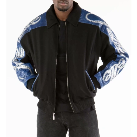 Pelle Pelle Black Blue Script Studded Wool Jacket leather jacket, PELLE PELLE, Varsity jacket, Studded wool jacket