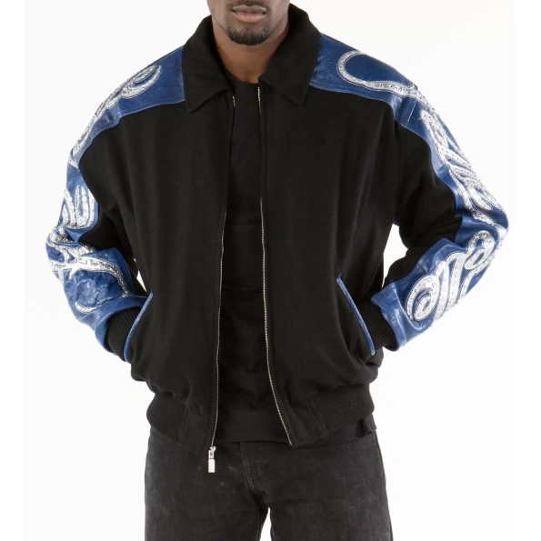 Pelle Pelle Black Blue Script Studded Wool Jacket leather jacket, PELLE PELLE, Varsity jacket, Studded wool jacket