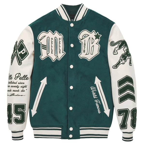 FOREST GREEN CONTRAST SLEEVE LETTER A UNISEX VARSITY JACKET – Rising
