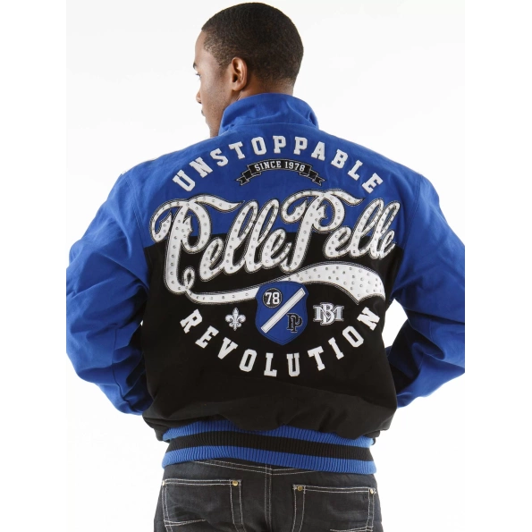 pelle pelle revolution black and blue jacket, pelle pelle store,black and blue wool jacket