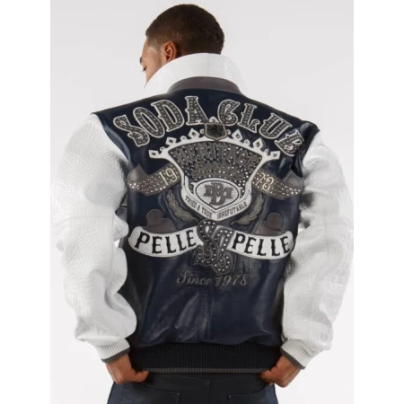 pelle pelle heritage series blue jacket, pelle pelle store,blue and white leather jacket