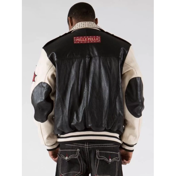 pelle pelle varsity biker plush jacket, pelle pelle store, black leather jacket