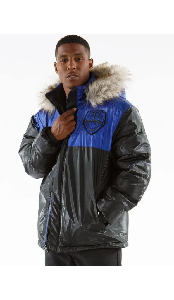 Pelle Pelle Gray and Blue Puffer Hooded Coat