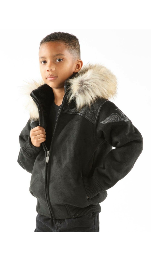 Kids Pelle Pelle Black Wings Fur Hood Wool Jacket