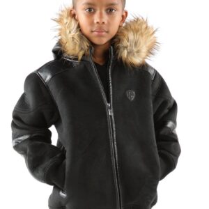 Kids Pelle Pelle Black Fur Hood Wool Jacket