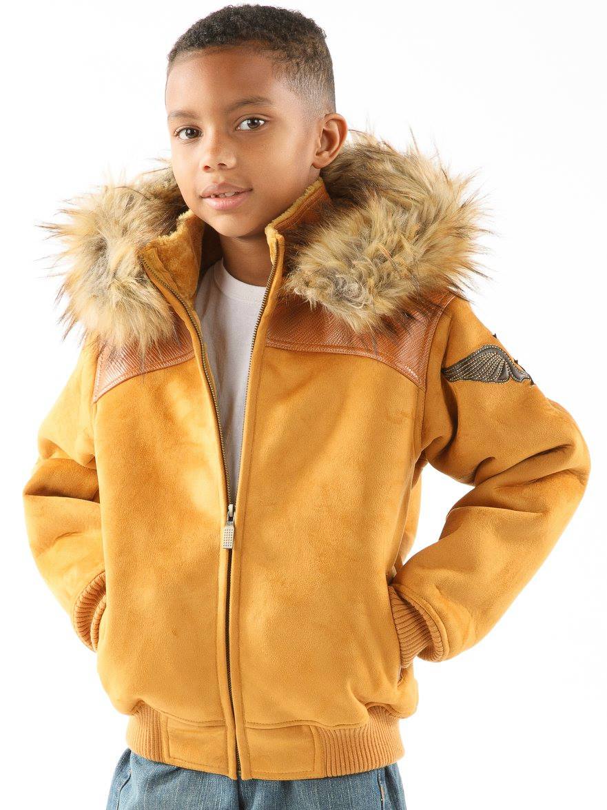 Yellow Pelle Pelle Kids Wings Fur Hood Wool Jacket