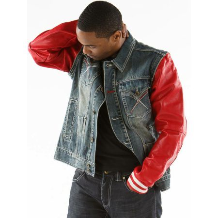 Exclusive Pelle Pelle Black Jeans Jacket With Red Leather Sleeves view 3