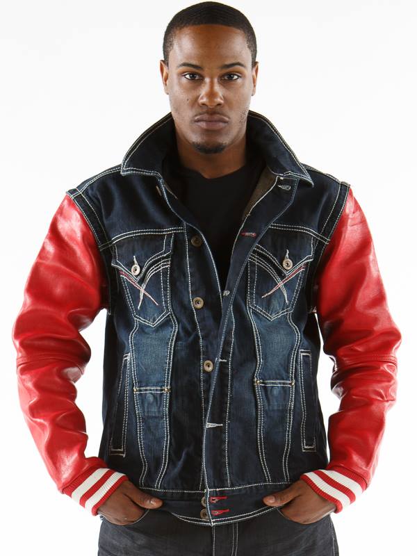 Exclusive Pelle Pelle Black Jeans Jacket With Red Leather Sleeves
