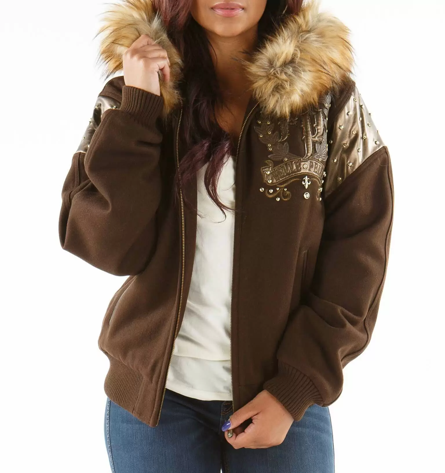 Brown Fur Hood Pelle Pelle Wool Jacket view 2