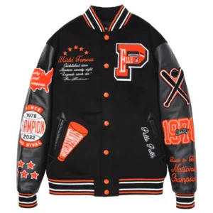 World Famous Pelle Pelle Orange Black Varsity Jacket view 1