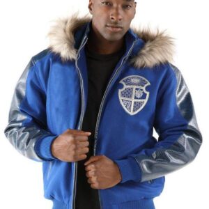 Pelle Pelle Men Blue Fur Hood Leather Jacket