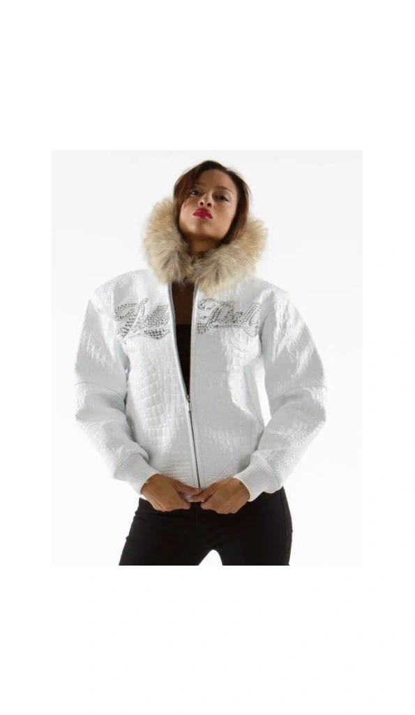 Pelle Pelle White Women Encrusted Jacket | Fur Hood Jacket