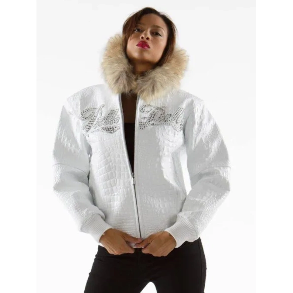 Pelle Pelle White Women Encrusted Jacket | Fur Hood Jacket