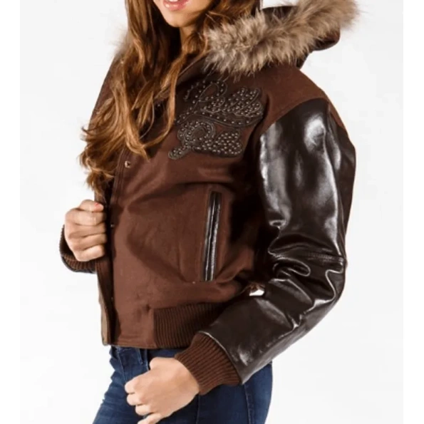 Brown 1978 Wool Leather Fur Hood Jacket