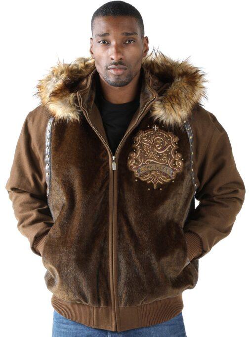 Pelle Pelle Brown Crest Fur Hood Wool Jacket