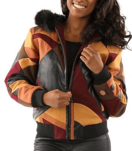 Pelle Pelle Women Abstract Brown Wool Jacket | Fur Hood view 1
