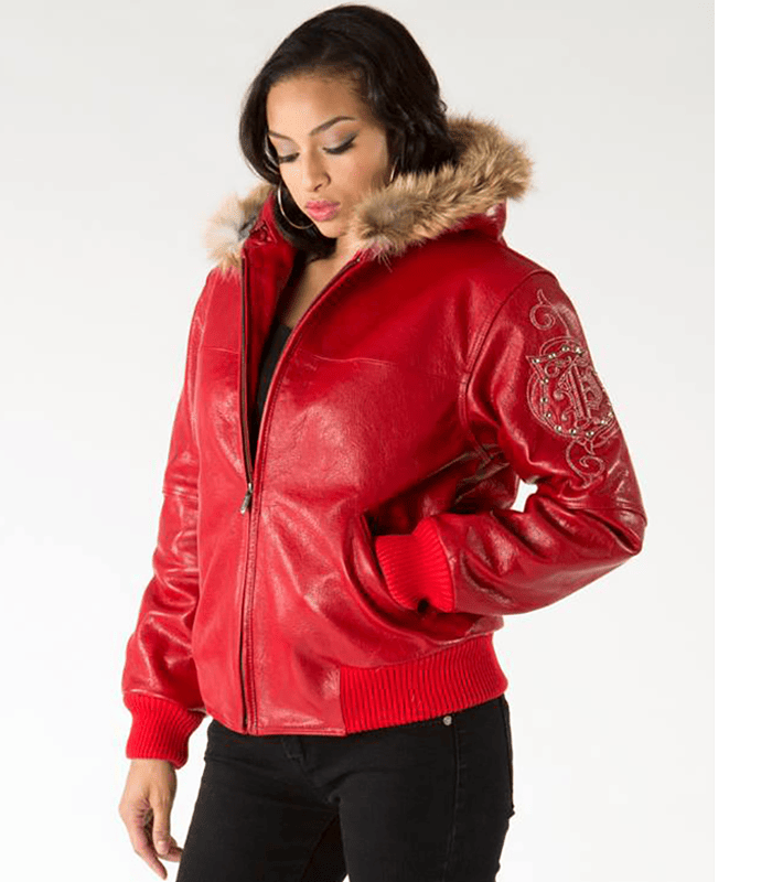 Pelle Pelle Red Leather Crest Fur Hood Jacket