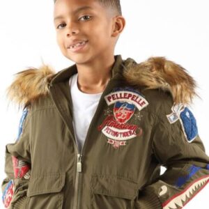 Pelle Pelle Kids Flying Tiger Green Jacket | Fur Hood Jacket