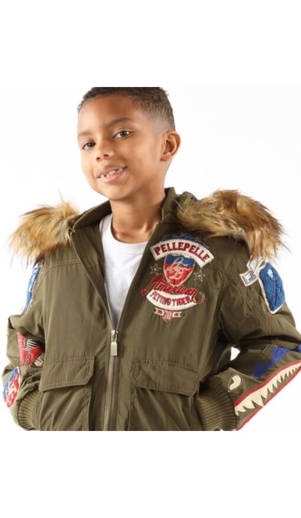 Pelle Pelle Kids Flying Tiger Green Jacket | Fur Hood Jacket