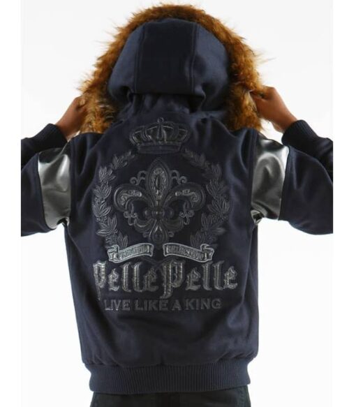 Pelle Pelle Navy Blue Wool Fur Hood Jacket