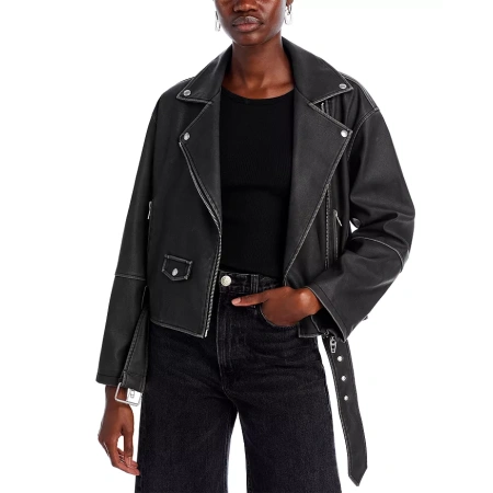 Black Belted Cropped Leather Jacket | Pelle Pelle Store