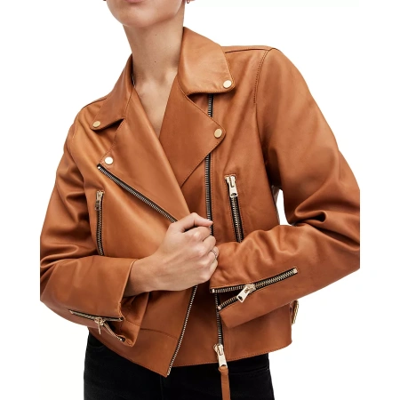 Brown Zipper Cropped Leather Jacket | Pelle Pelle Store view 3