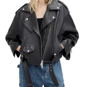 Black Biker Cropped Leather Jacket | Leather Jacket view 3