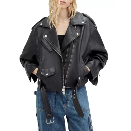 Black Biker Cropped Leather Jacket | Leather Jacket view 3