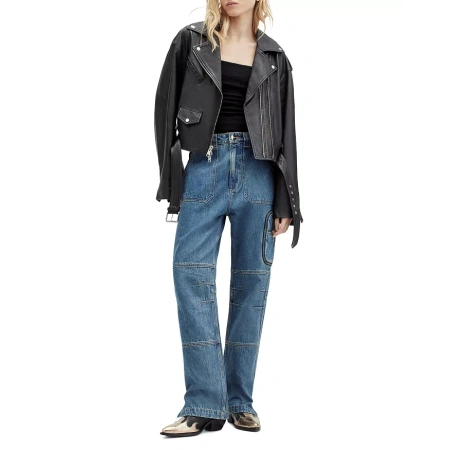 Black Biker Cropped Leather Jacket | Leather Jacket view 2