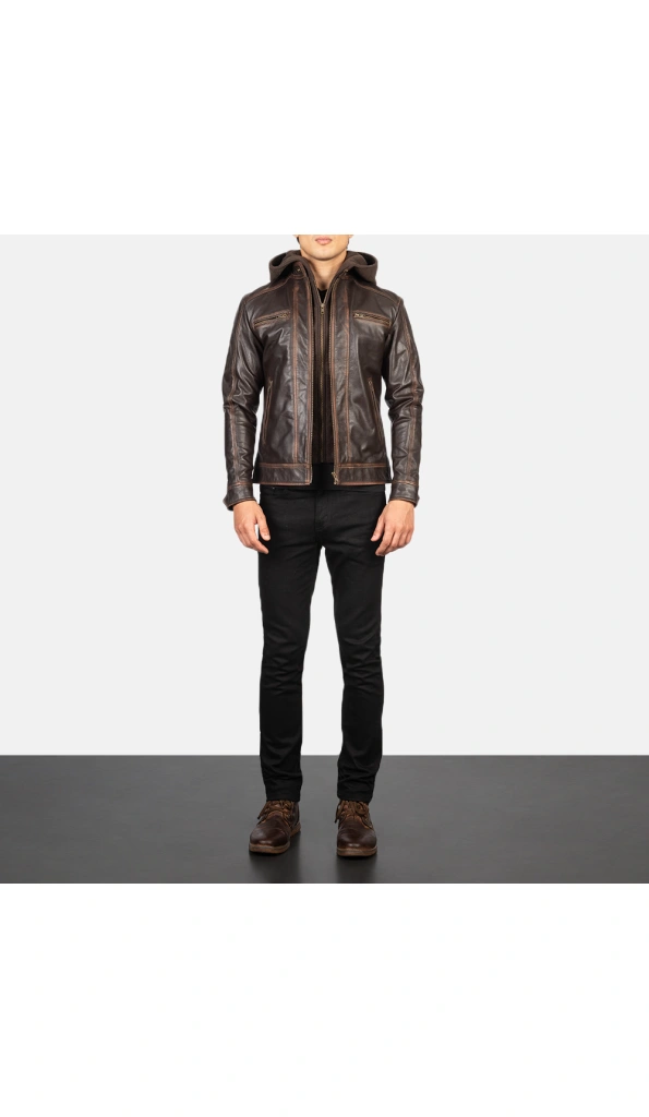 Vintage Brown Hooded Leather Biker Jacket