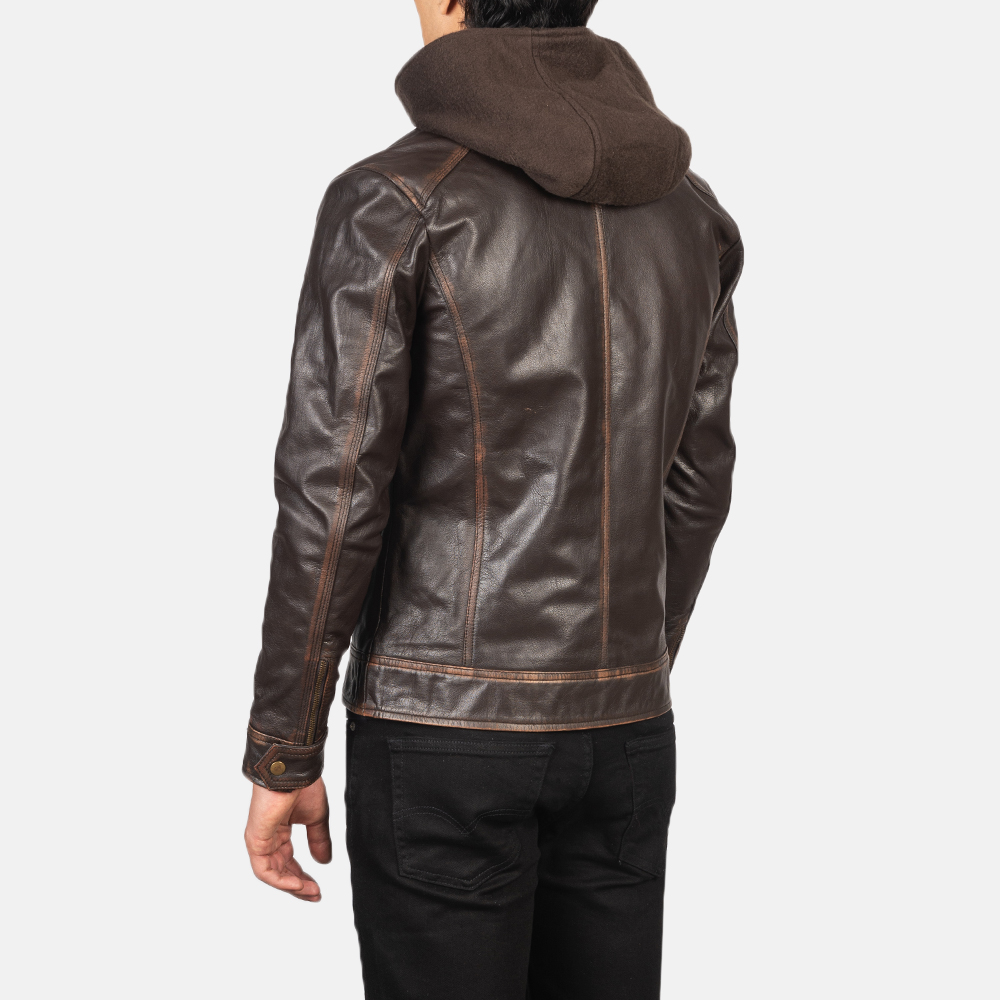 Vintage Brown Hooded Leather Biker Jacket view 2
