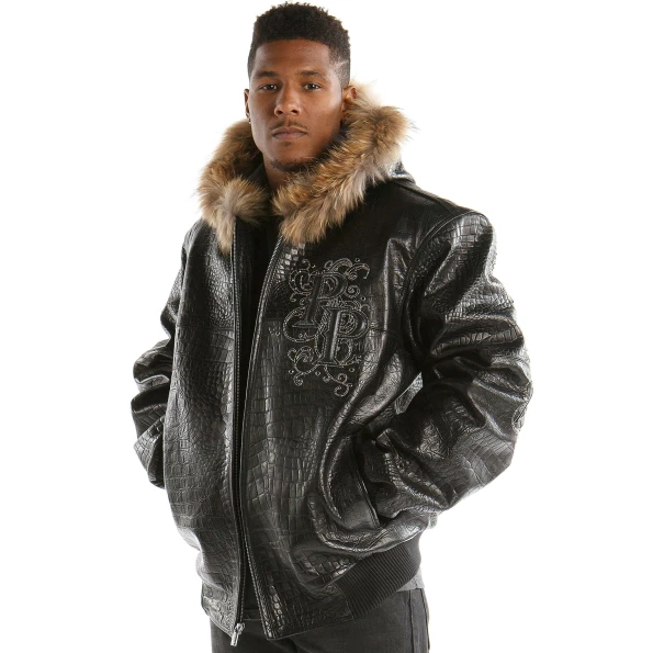 Pelle Pelle Men Black MB Croc Leather Jacket | Fur Hood