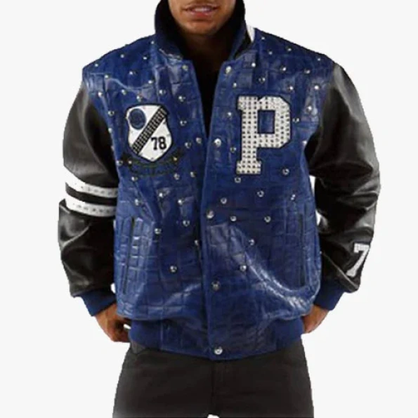 Pelle Pelle Men Croc Studded Leather Jacket | Dark Blue view 2
