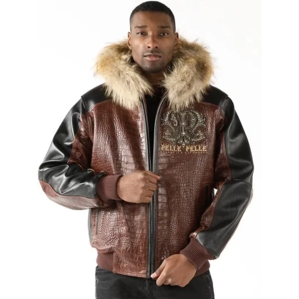 Pelle Pelle Men Dark Brown Fur Hood Jacket | Leather Jacket