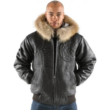 Pelle Pelle Black Encrusted Fur Hood Jacket | Leather Jacket view 2