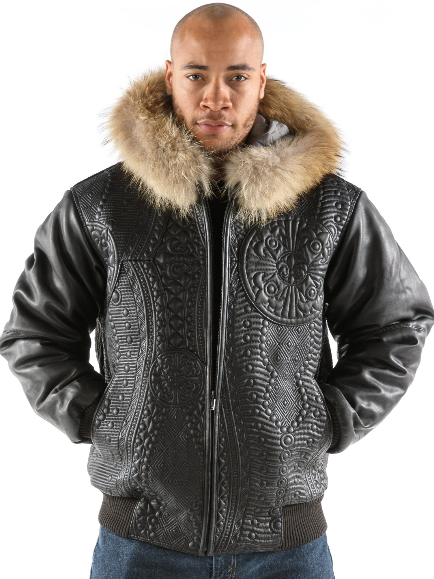 Pelle Pelle Black Encrusted Fur Hood Jacket | Leather Jacket view 2