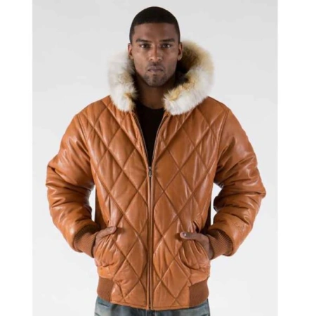 Pelle Pelle Brown Men Quilted Leather Jacket | Fur Hood view 3