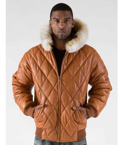 Pelle Pelle Brown Men Quilted Leather Jacket | Fur Hood view 3