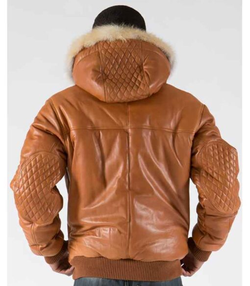 Pelle Pelle Brown Men Quilted Leather Jacket | Fur Hood view 2