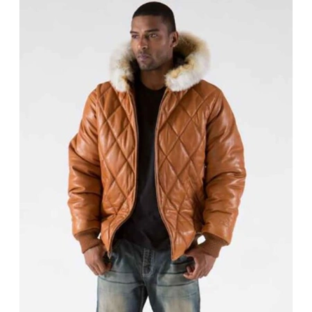 Pelle Pelle Brown Men Quilted Leather Jacket | Fur Hood view 1