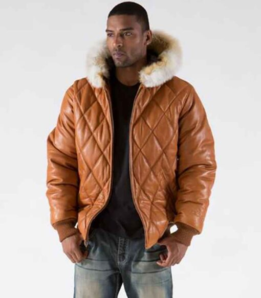 Pelle Pelle Brown Men Quilted Leather Jacket | Fur Hood view 1