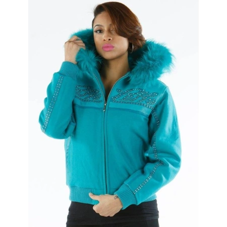 Pelle Pelle Women Cyan Fur Hood Wool Jacket view 2