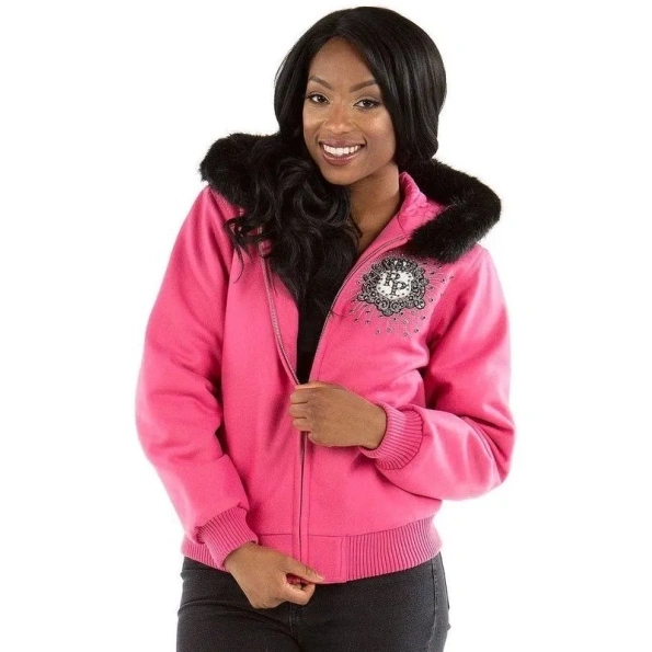 Pelle Pelle Pink MB Crest Fur Hood Jacket | Wool Jacket