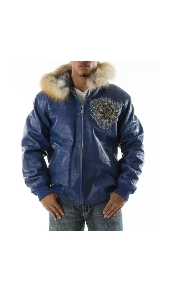 Pelle Pelle Men Dark Blue Fur Hood Jacket | PP Crest Jacket