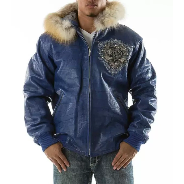 Pelle Pelle Men Dark Blue Fur Hood Jacket | PP Crest Jacket