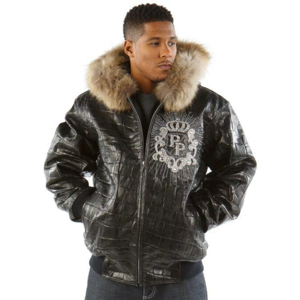 Pelle Pelle Men Crest Black Leather Jacket | Fur Hood Jacket view 1