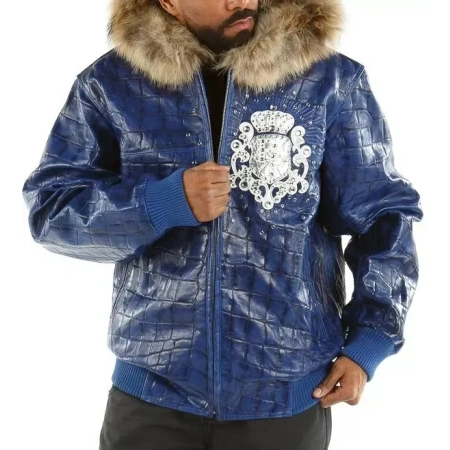 Pelle Pelle Dark Blue Crest Fur Hood Jacket | Leather Jacket