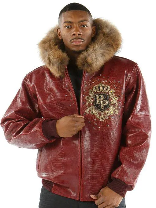 Pelle Pelle Maroon Crest Fur Hood Jacket | Leather Jacket view 1