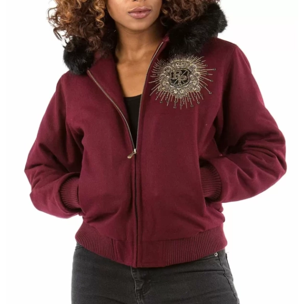 Pelle Pelle Women Maroon Wool Crest Jacket | Fur Hood Jacket